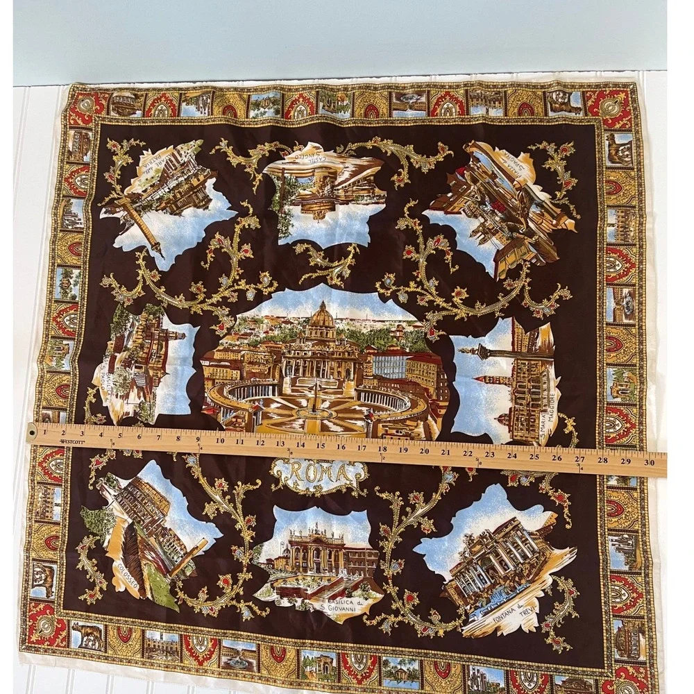 Vintage Roma Italy Souvenir Square Scarf Brown Gold Landmark Print Travel Gift